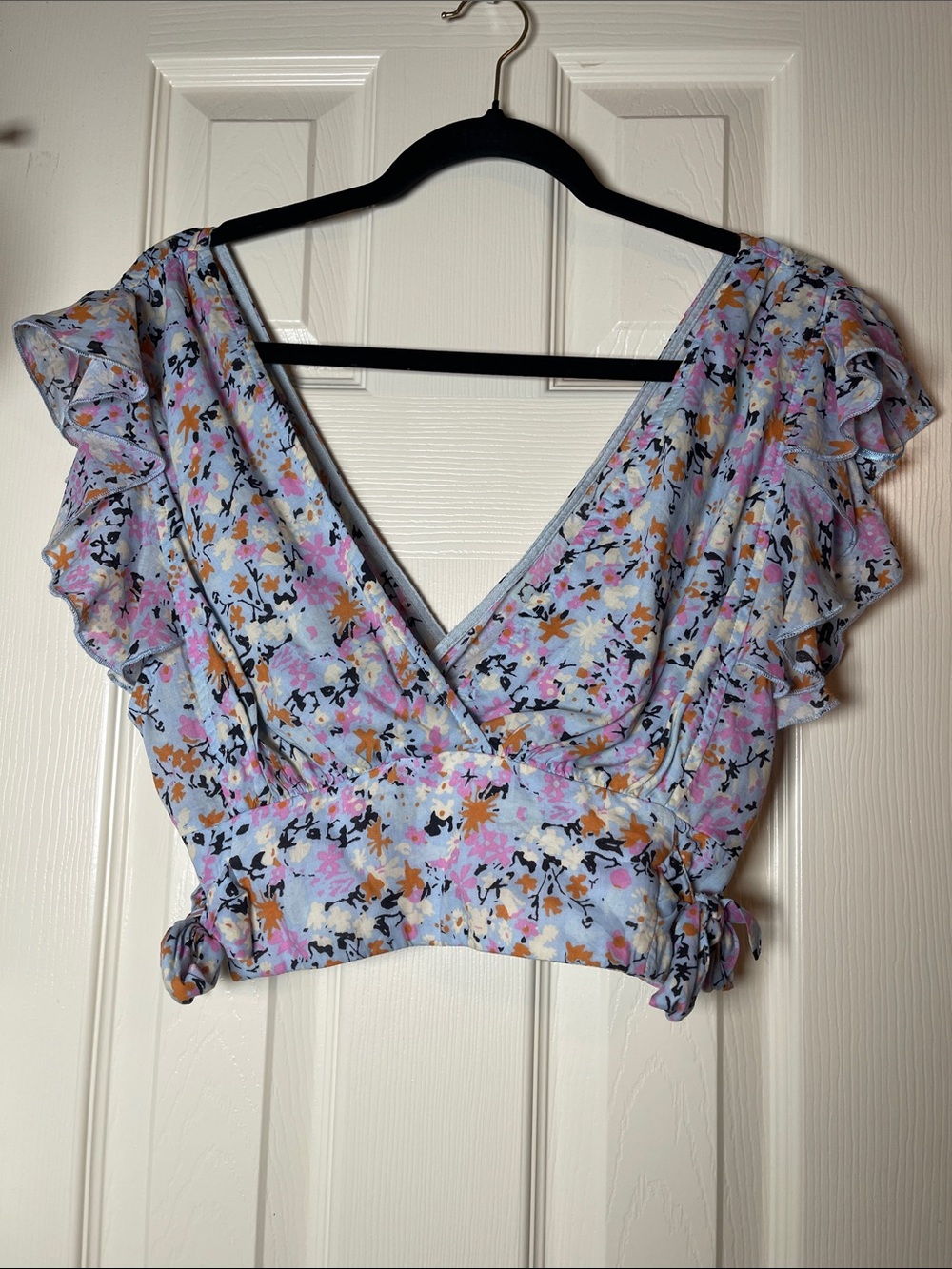 Free People Light Blue Pastel Floral Ruffle Crop Top